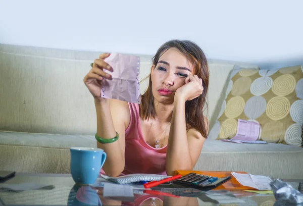 Young Attractive Stressed Worried Hispanic Woman Calculator Receipts Calculating Monthly — Stock Photo, Image