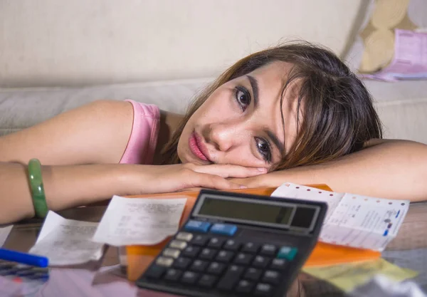 Close Portrait Young Attractive Sad Worried Latin Woman Suffering Stress — Stock Photo, Image