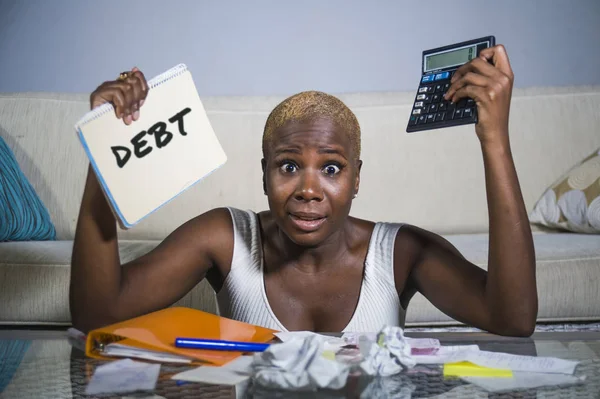 Desperate Stressed Black Afro American Woman Calculator Paperwork Banking Stress — Stock Photo, Image