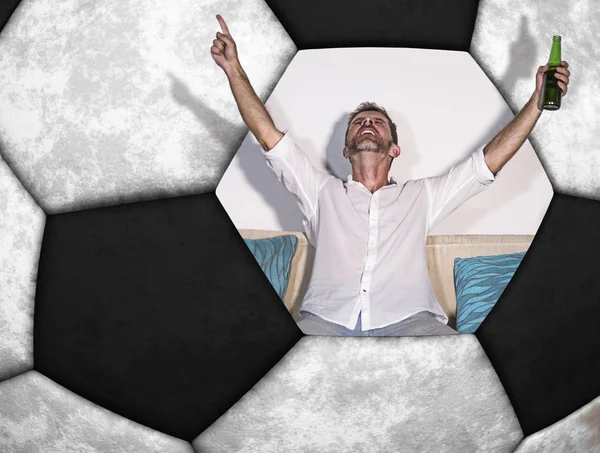 conceptual composite of man inside leather classic texture soccer ball in sport supporter watching game on television celebrating goal in football fan concept