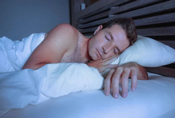 Young Attractive Handsome Tired Man His 30S 40S Bed Sleeping — Stock Photo, Image
