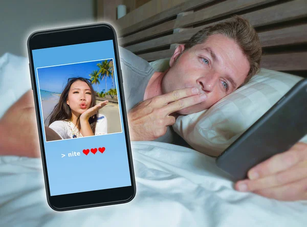 Happy Attractive Man Lying Bed Sending Good Night Kiss Text — Stock Photo, Image