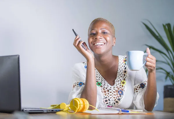 Joven Feliz Atractivo Negro Afroamericano Hipster Mujer Trabajando Casa Oficina —  Fotos de Stock