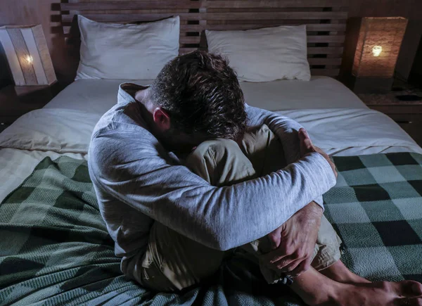 Indoors Portrait Young Desperate Depressed Man Home Bedroom Sitting Bed — Stock Photo, Image