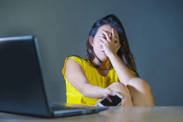 Dramatic Portrait Young Sad Scared Woman Covering Face Hands Stressed — Stock Photo, Image