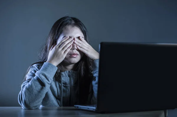 Dramatic Portrait Young Sad Scared Woman Covering Face Hands Stressed — Stock Photo, Image