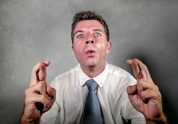 Young Stressed Business Man Necktie Crossing Fingers Hoping Wishing Good — Stock Photo, Image