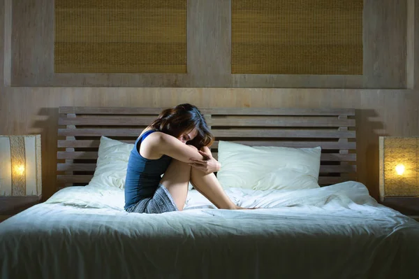 Young Sad Depressed Latin Woman Sitting Bed Thoughtful Worried Problem — Stock Photo, Image