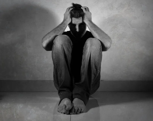 Black White Portrait Desperate Man Crying Sad Sitting Home Floor — Stock Photo, Image