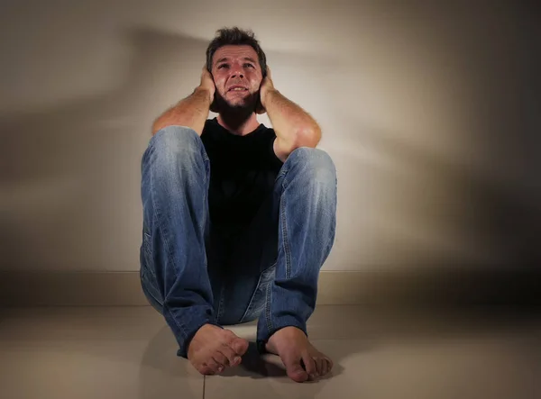 Young Desperate Depressed Man Crying Alone Sitting Home Floor Shady — Stock Photo, Image