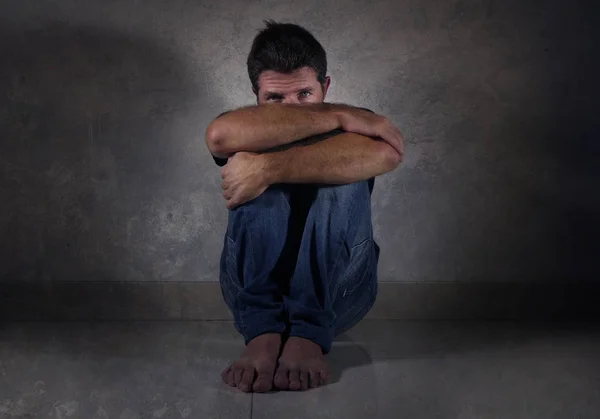 Portrait Sides Copy Space Young Desperate Depressed Man Crying Alone — Stock Photo, Image