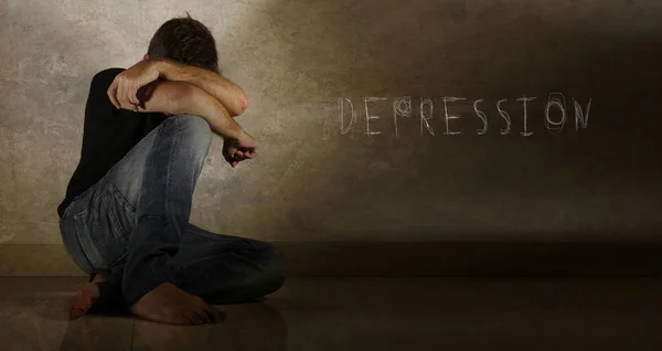 Young Desperate Depressed Man Crying Alone Sitting Home Floor Shady — Stock Photo, Image