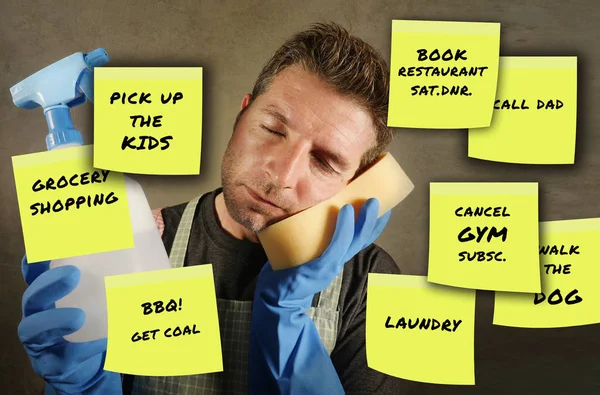 funny composite of house husband reading yellow post it notes left by his wife with domestic chores and duties such as pick up the kids , grocery shopping , laundry in couple lifestyle concept