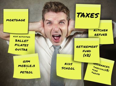 para harcamaları notlar ve işadamı ve aile babası finansal borç ve yurtiçi finans sorun kavram aylık ödemeler umutsuz ve bunalmış vurguladı çığlık