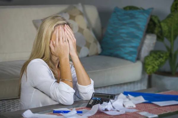 Attractive Worried Desperate Blond Woman Calculating Domestic Money Expenses Doing — Stock Photo, Image