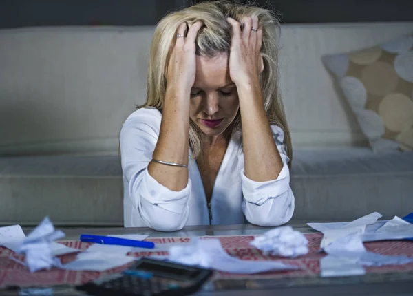 Attractive Worried Desperate Blond Woman Calculating Domestic Money Expenses Doing — Stock Photo, Image