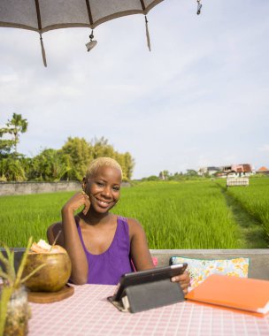 Online dijital göçebe ve serbest meslek başarı kavramı içinde açık havada kafede oturan Hindistan cevizi içme dijital tablet pad ile çalışan genç çekici ve mutlu siyah Afrikalı-Amerikalı kadın 