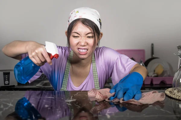 Young Pretty Overworked Sad Asian Chinese Service Maid Woman Working — Stock Photo, Image