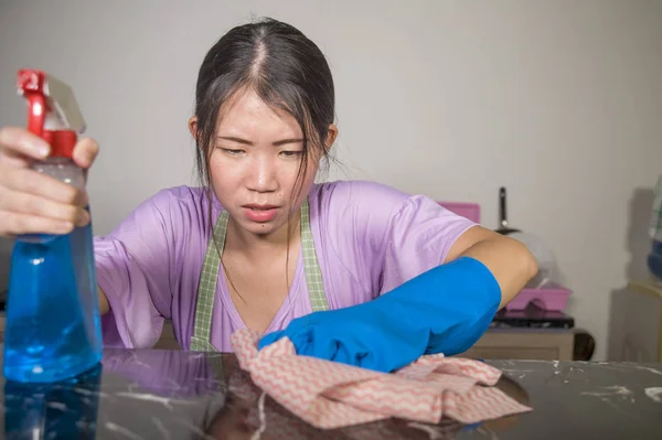 Young Pretty Overworked Sad Asian Chinese Service Maid Woman Working — Stock Photo, Image