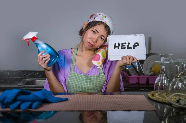 Young Sad Depressed Asian Korean Woman Holding Help Sign Spray — Stock Photo, Image