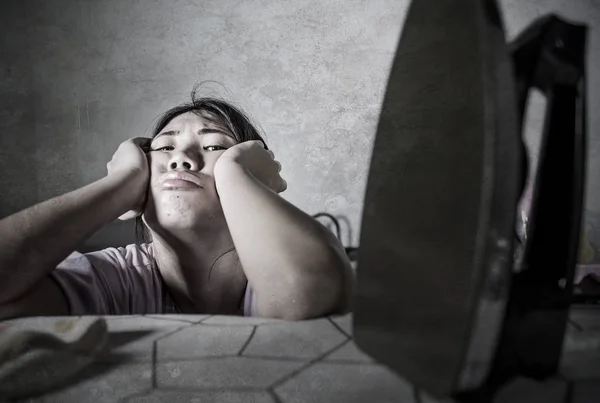 Retrato Joven Bastante Frustrado Estresado Mujer Coreana Asiática Mirando Triste — Foto de Stock