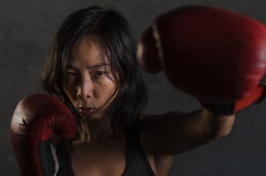 Genç uygun Asyalı kadın fitness üst ve boks eldiven atma kızgın ve savaşta meydan okuyan kötü kız tutumunda punch ve savaşmak terbiye izole koyu arka plan üzerinde Çince portresi kapatın