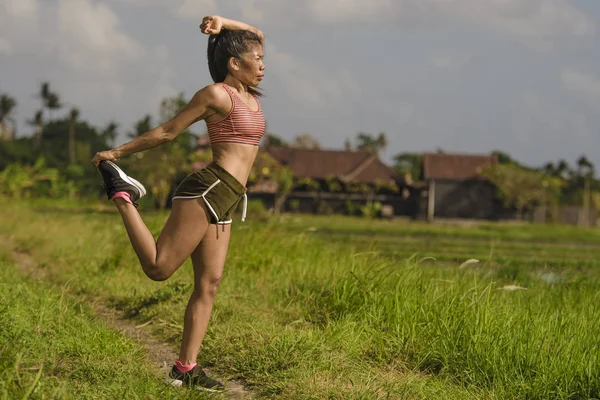 Fit Sporty Runner Asian Woman Stretching Leg Body Running Workout — Stock Photo, Image