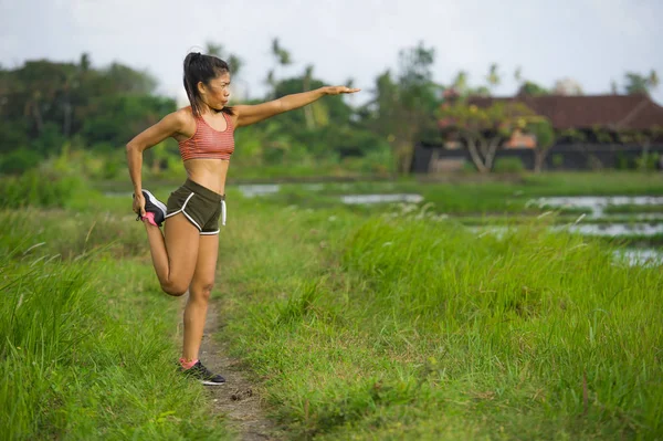 Fit Sporty Runner Asian Woman Stretching Leg Body Running Workout — Stock Photo, Image