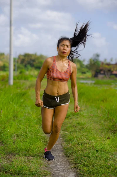 Attractive Very Fit Asian Sport Woman Training Running Workout Green — Stock Photo, Image