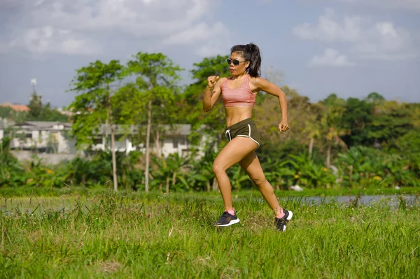 Attractive Very Fit Asian Sport Woman Training Running Workout Green — Stock Photo, Image