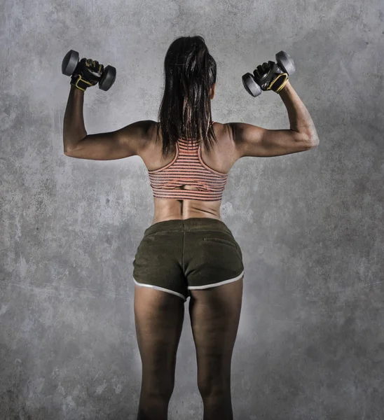 grunge sport advertising style portrait of young athletic woman with strong back and fit body holding dumbbells in fitness training workout isolated on grunge background in healthy lifestyle