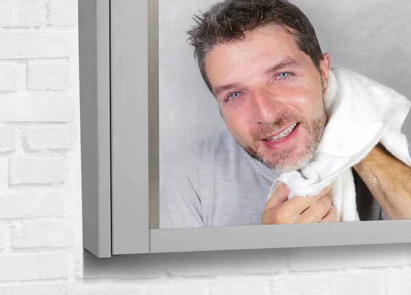 Young Happy Attractive Man Using Towel Drying Face Washing Looking — Stock Photo, Image