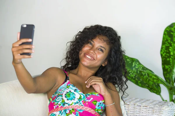 Young Attractive Beautiful Happy Black Latin American Woman Taking Selfie — Stock Photo, Image