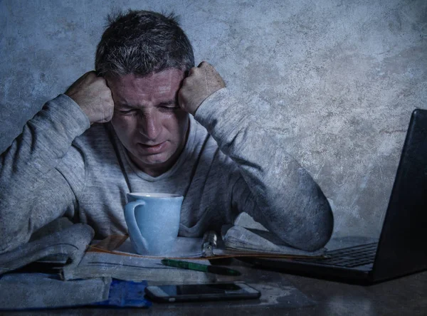 Frustrated Stressed Young College Student Man Working Textbook Notepad Laptop — Stock Photo, Image