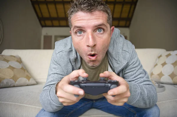 Lifestyle Portrait Young Stressed Excited Gamer Man Playing Video Game — Stock Photo, Image