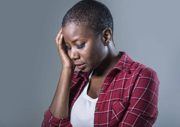 Lifestyle Isolated Portrait Young Attractive Sad Black African American Woman — Stock Photo, Image