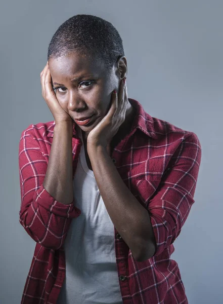 Lifestyle Isolated Portrait Young Attractive Sad Black African American Woman — Stock Photo, Image