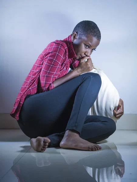 Lifestyle Indoors Shady Portrait Young Sad Depressed Black Afro American — Stock Photo, Image