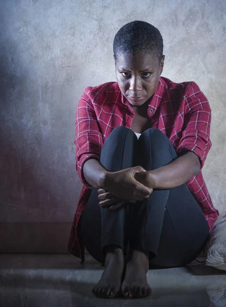 Lifestyle Indoors Shady Portrait Young Sad Depressed Black Afro American — Stock Photo, Image