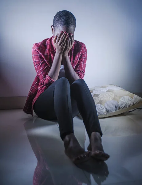 Lifestyle Indoors Shady Portrait Young Sad Depressed Black Afro American — Stock Photo, Image