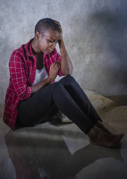 Lifestyle Indoors Shady Portrait Young Sad Depressed Black Afro American — Stock Photo, Image