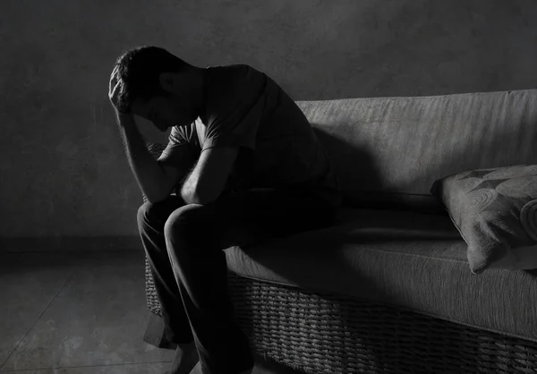 Lifestyle Dramatic Light Portrait Young Sad Depressed Man Sitting Shady — Stock Photo, Image