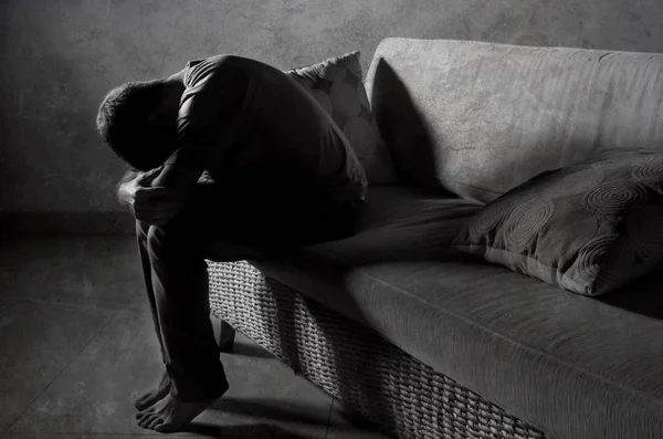 Lifestyle Dramatic Light Portrait Young Sad Depressed Man Sitting Shady — Stock Photo, Image