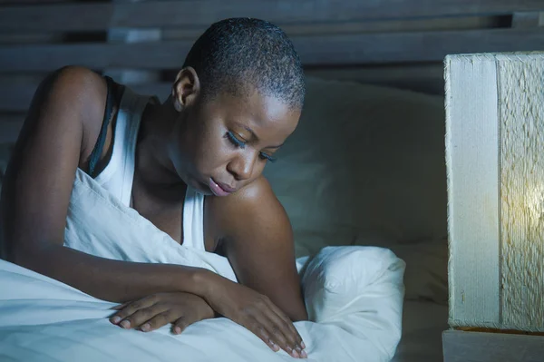 Lifestyle Night Portrait Young Sad Stressed Black African American Woman — Stock Photo, Image