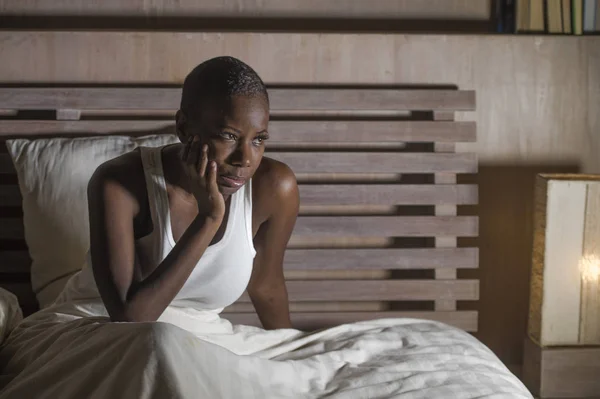 Young Sad Depressed Black African American Woman Bed Sleepless Late — Stock Photo, Image