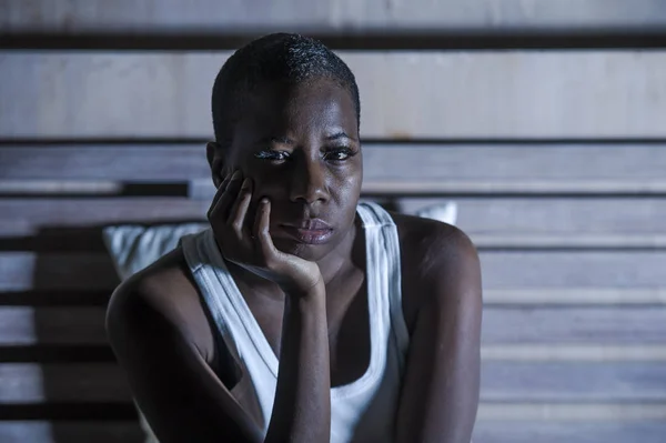 Young Sad Depressed Black Afro American Woman Bed Sleepless Late — Stock Photo, Image