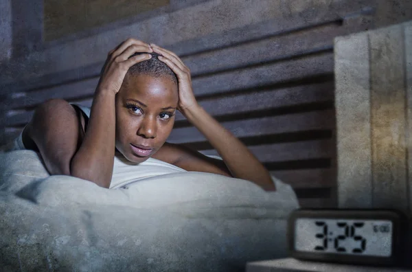 Lifestyle Portrait Young Sad Depressed Black Afro American Woman Awake — Stock Photo, Image