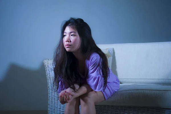 Young Sad Depressed Asian Korean Woman Home Sofa Couch Crying — Stock Photo, Image