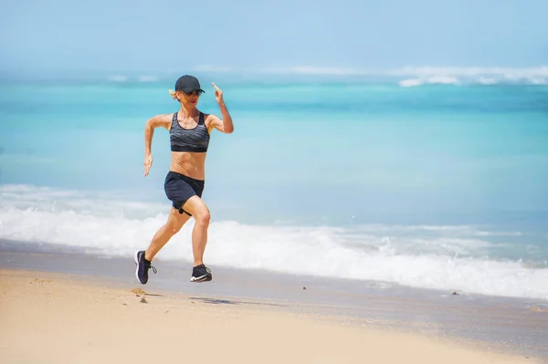 Young Happy Attractive Sport Runner Woman Doing Running Workout Sprinting — Stock Photo, Image