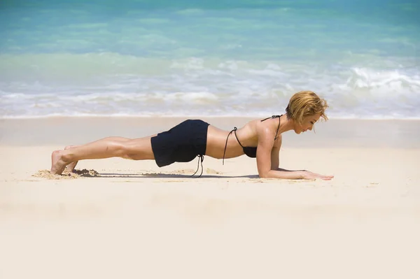 Isolated Portrait Young Happy Beautiful Sporty Fit Woman Doing Plank — Stock Photo, Image